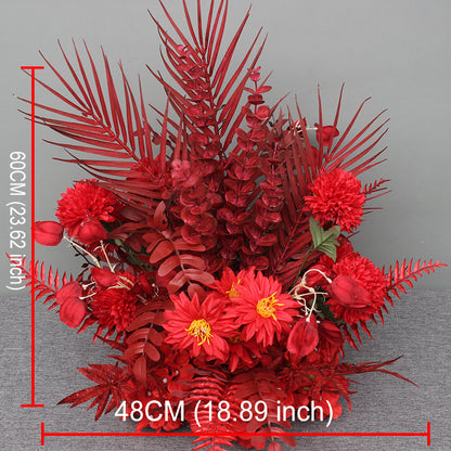 Red Wedding Backdrop Decor Rose Flower Row Artificial Oncidium Eucalyptus Road Lead Floor Floral Party Arch Decor Corner Flower #1134