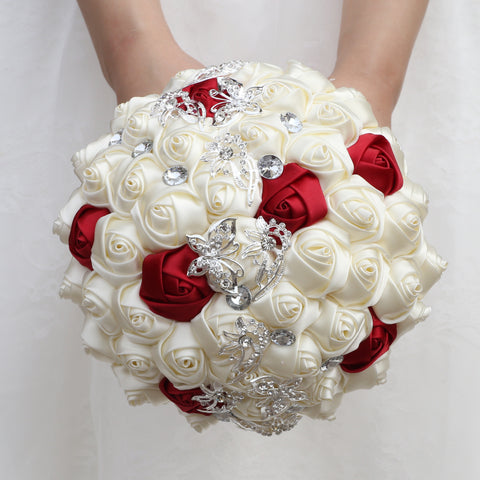 Handmade Luxury Wedding Bridal Bouquet Large Silk Rose Holding Toss Artificial Flowers Bouquets with Satin Ribbon Pearls Rhinestone for Bride Vintage Royal W2032