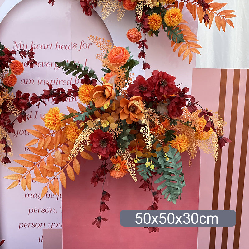 Neue Hochzeit großer Stil Herbst Mandarine Boden Blumenarrangement Simulation Seidenblumendekoration Eukalyptus Blumenarrangement T-Plattform Straße führende Hochzeit