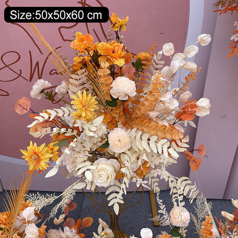 New wedding orange large row of flowers, champagne roses, artificial silk flower decoration, eucalyptus wedding road #1080