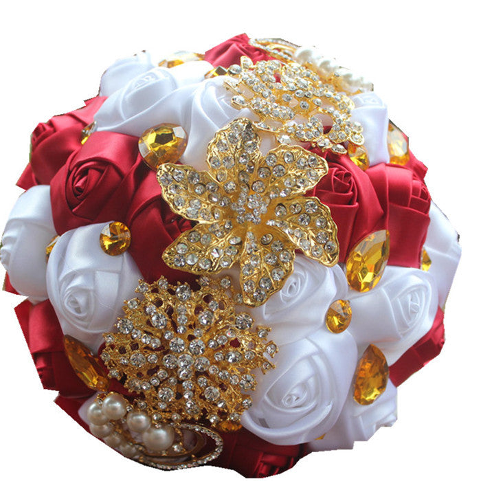 18cm Wedding Bouquet Artifical Rose Posy with Satin Jeweled Throw Bouquet Bridesmaid Holding Flowers W2025