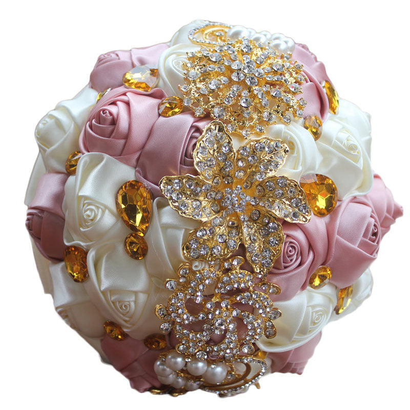 18cm Wedding Bouquet Artifical Rose Posy with Satin Jeweled Throw Bouquet Bridesmaid Holding Flowers W2025