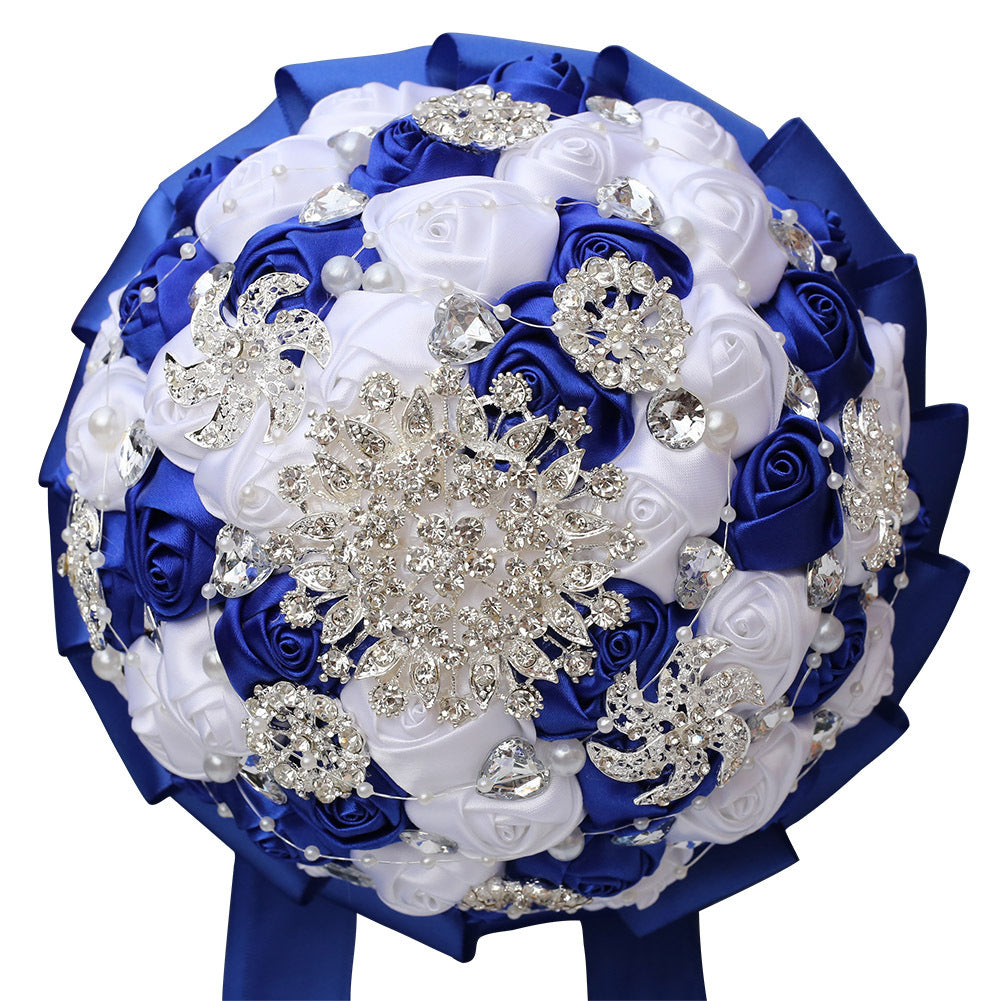 18cm Romantic Bride Wedding Bouquet White & Ivory Satin Roses with Pearls Rhinestone Decorative Brooches Accessorie W2026