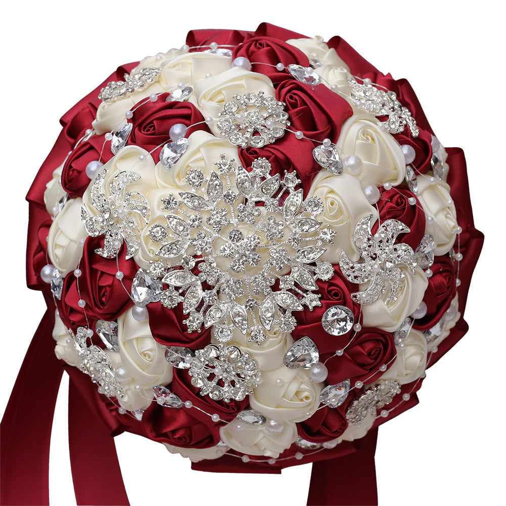 18cm Romantic Bride Wedding Bouquet White & Ivory Satin Roses with Pearls Rhinestone Decorative Brooches Accessorie W2026