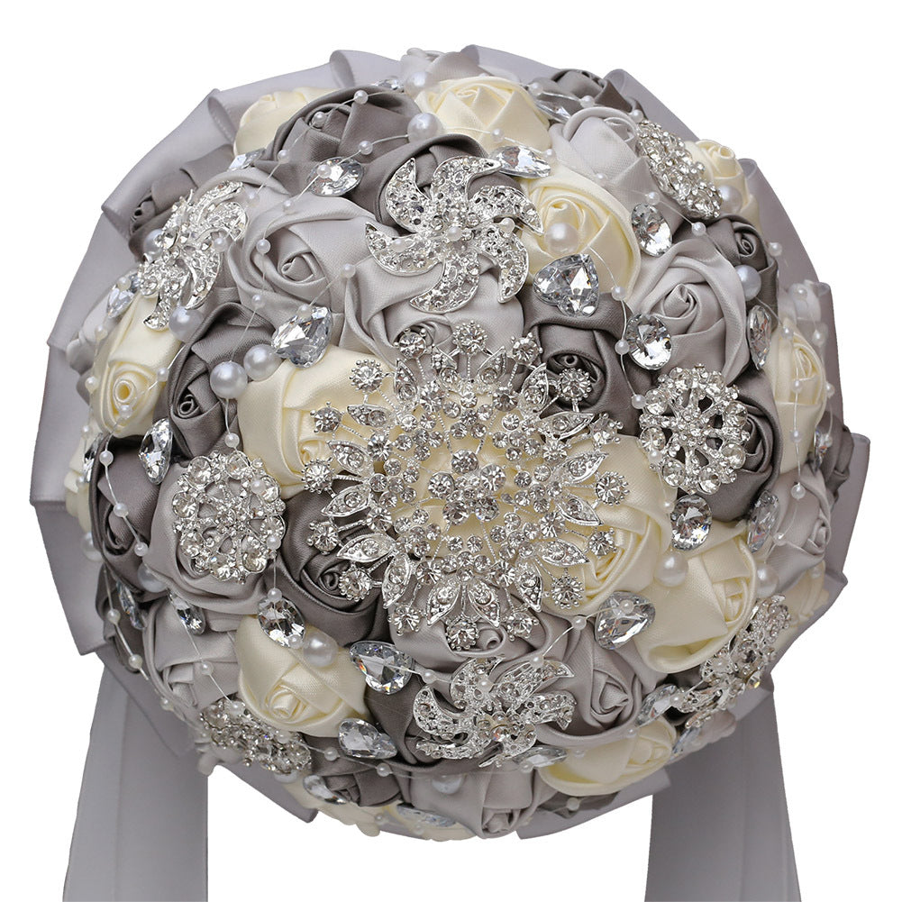 18cm Romantic Bride Wedding Bouquet White & Ivory Satin Roses with Pearls Rhinestone Decorative Brooches Accessorie W2026