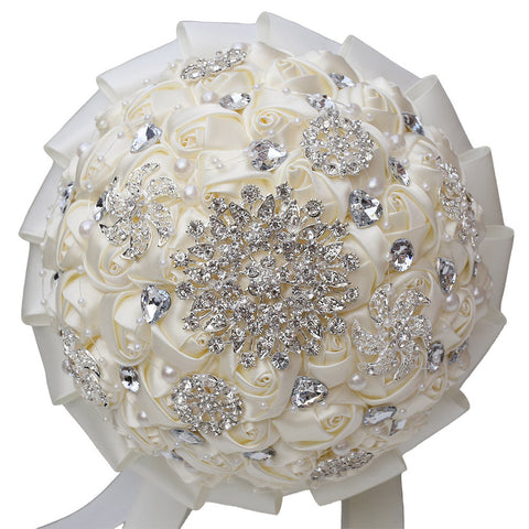 18cm Romantic Bride Wedding Bouquet White & Ivory Satin Roses with Pearls Rhinestone Decorative Brooches Accessorie W2026