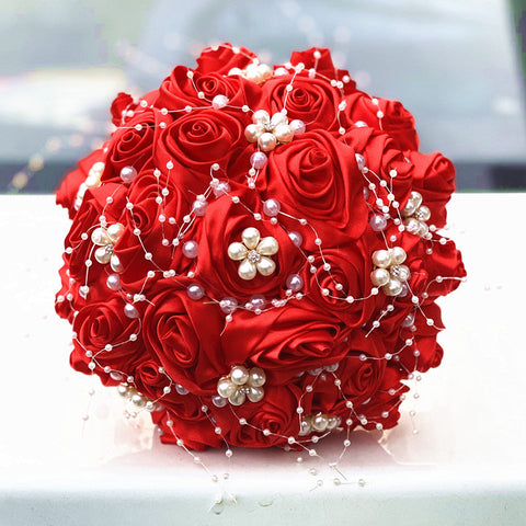 18cm Pearl Ribbon Rose Bouquet Rhinestone Bride Bouquet Wedding Gift Wedding Supplies Holding Flowers W2010