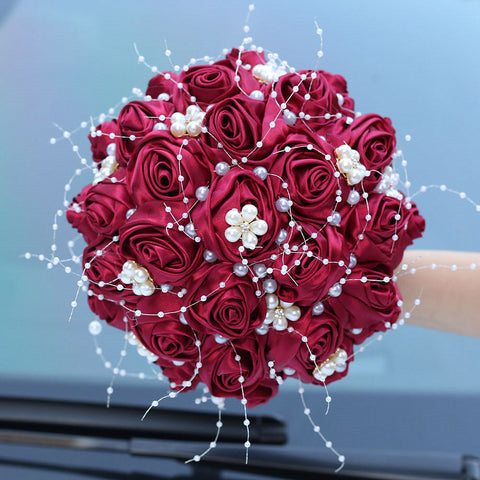 18cm Pearl Ribbon Rose Bouquet Rhinestone Bride Bouquet Wedding Gift Wedding Supplies Holding Flowers W2010