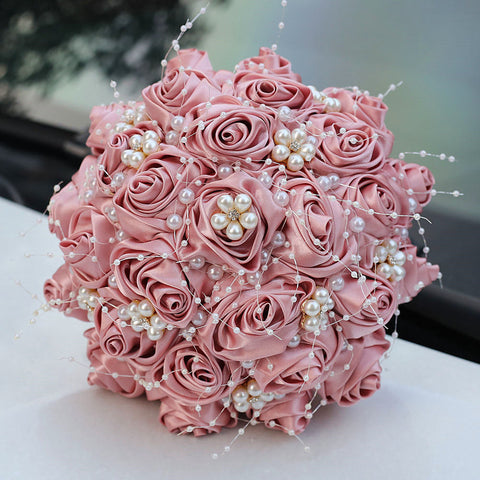 18cm Pearl Ribbon Rose Bouquet Rhinestone Bride Bouquet Wedding Gift Wedding Supplies Holding Flowers W2010