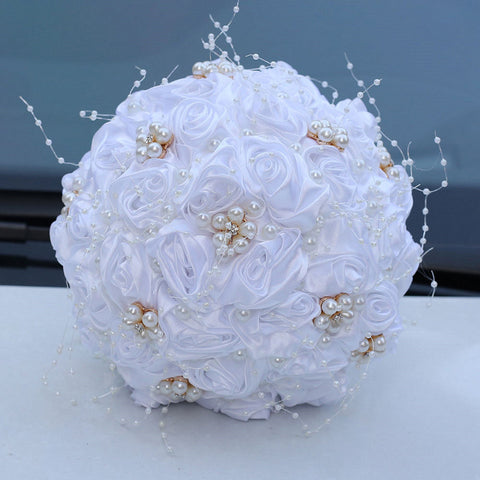 18cm Pearl Ribbon Rose Bouquet Rhinestone Bride Bouquet Wedding Gift Wedding Supplies Holding Flowers W2010