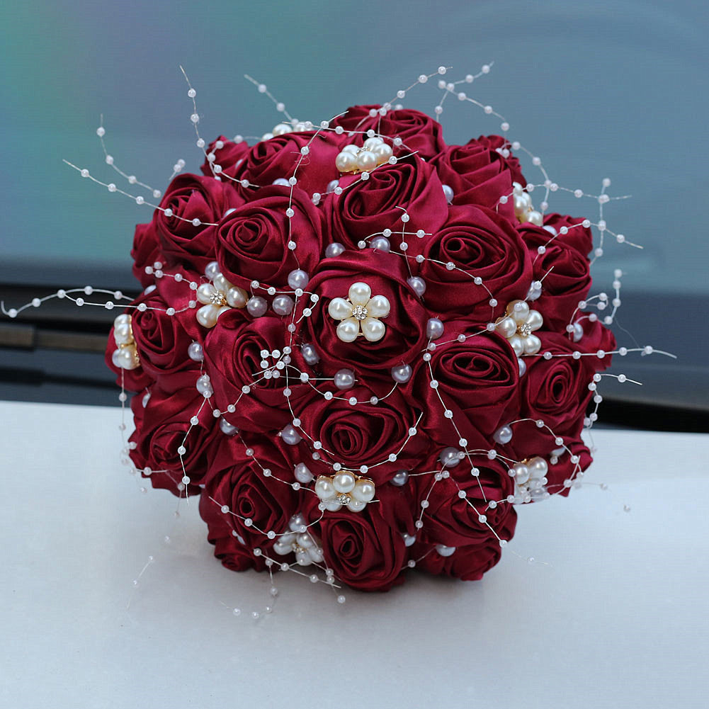 18cm Pearl Ribbon Rose Bouquet Rhinestone Bride Bouquet Wedding Gift Wedding Supplies Holding Flowers W2010