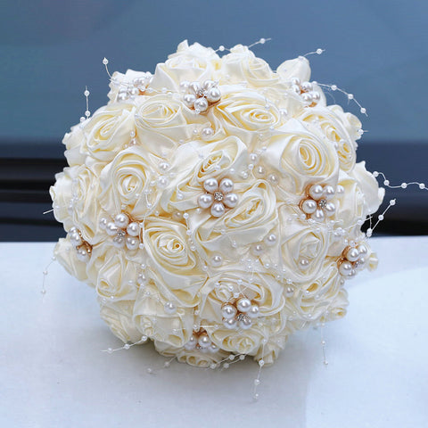 18cm Pearl Ribbon Rose Bouquet Rhinestone Bride Bouquet Wedding Gift Wedding Supplies Holding Flowers W2010