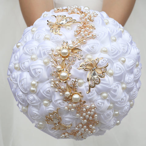 21cm White Handmade Holding Flowers Bridal Bouquet With Ribbon Rose Diamond Pearl Butterfly Diamond Alloy Diamond W2007