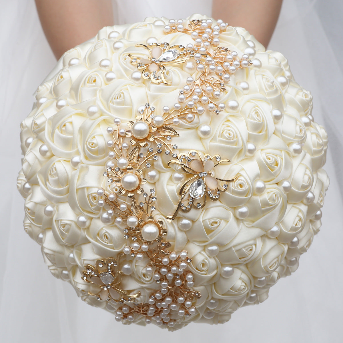 21cm Handmade Holding Flowers Bridal Bouquet With Ribbon Rose Diamond Pearl Butterfly Diamond Alloy Diamond W2008