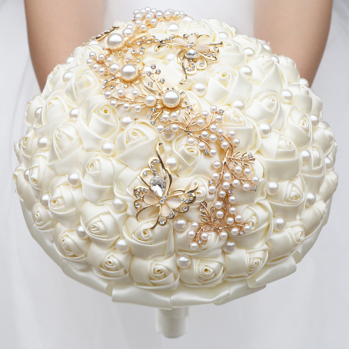 21cm Handmade Holding Flowers Bridal Bouquet With Ribbon Rose Diamond Pearl Butterfly Diamond Alloy Diamond W2008