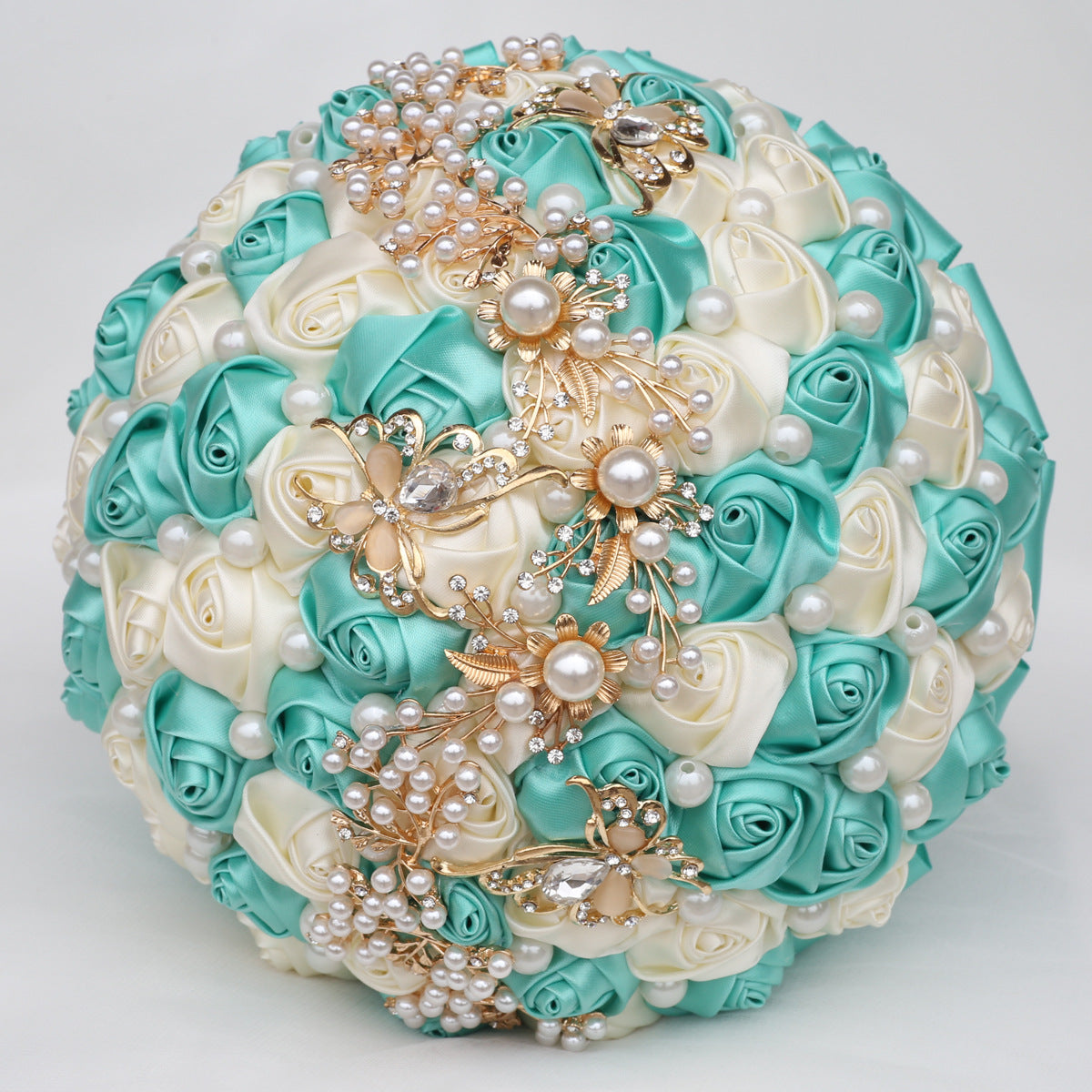 21cm Mint Green+Milk Handmade Holding Flowers Bridal Bouquet With Ribbon Rose Diamond Pearl Butterfly Diamond Alloy Diamond W2006