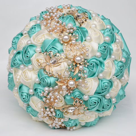 21cm Mint Green+Milk Handmade Holding Flowers Bridal Bouquet With Ribbon Rose Diamond Pearl Butterfly Diamond Alloy Diamond W2006