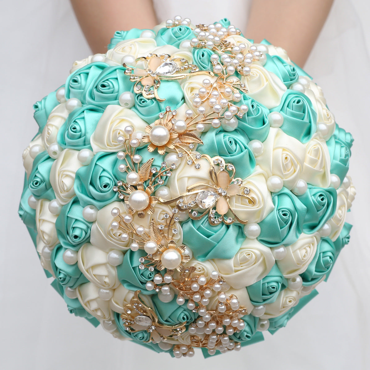 21cm Mint Green+Milk Handmade Holding Flowers Bridal Bouquet With Ribbon Rose Diamond Pearl Butterfly Diamond Alloy Diamond W2006