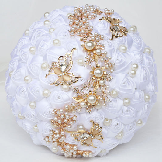 21cm White Handmade Holding Flowers Bridal Bouquet With Ribbon Rose Diamond Pearl Butterfly Diamond Alloy Diamond W2007