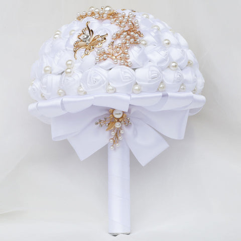 21cm White Handmade Holding Flowers Bridal Bouquet With Ribbon Rose Diamond Pearl Butterfly Diamond Alloy Diamond W2007