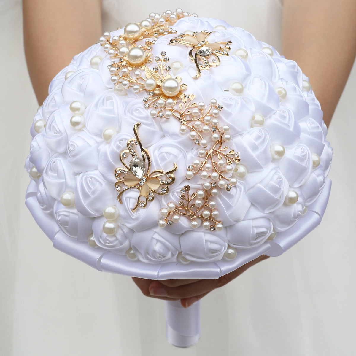 21cm White Handmade Holding Flowers Bridal Bouquet With Ribbon Rose Diamond Pearl Butterfly Diamond Alloy Diamond W2007