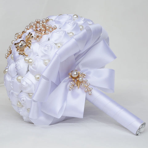 21cm White Handmade Holding Flowers Bridal Bouquet With Ribbon Rose Diamond Pearl Butterfly Diamond Alloy Diamond W2007