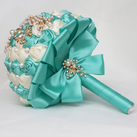 21cm Mint Green+Milk Handmade Holding Flowers Bridal Bouquet With Ribbon Rose Diamond Pearl Butterfly Diamond Alloy Diamond W2006