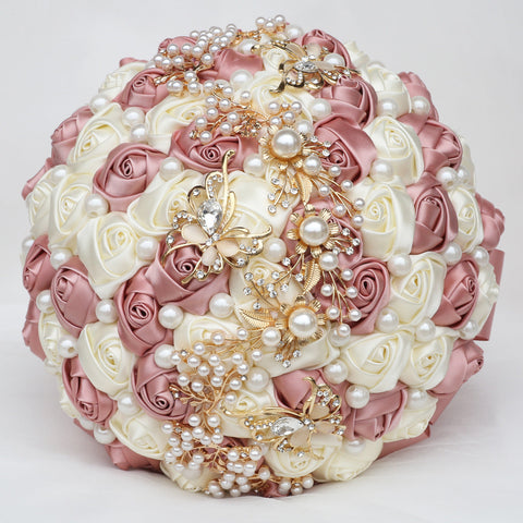 21cm Handmade Holding Flowers Bridal Bouquet With Ribbon Rose Diamond Pearl Butterfly Diamond Alloy Diamond W2008