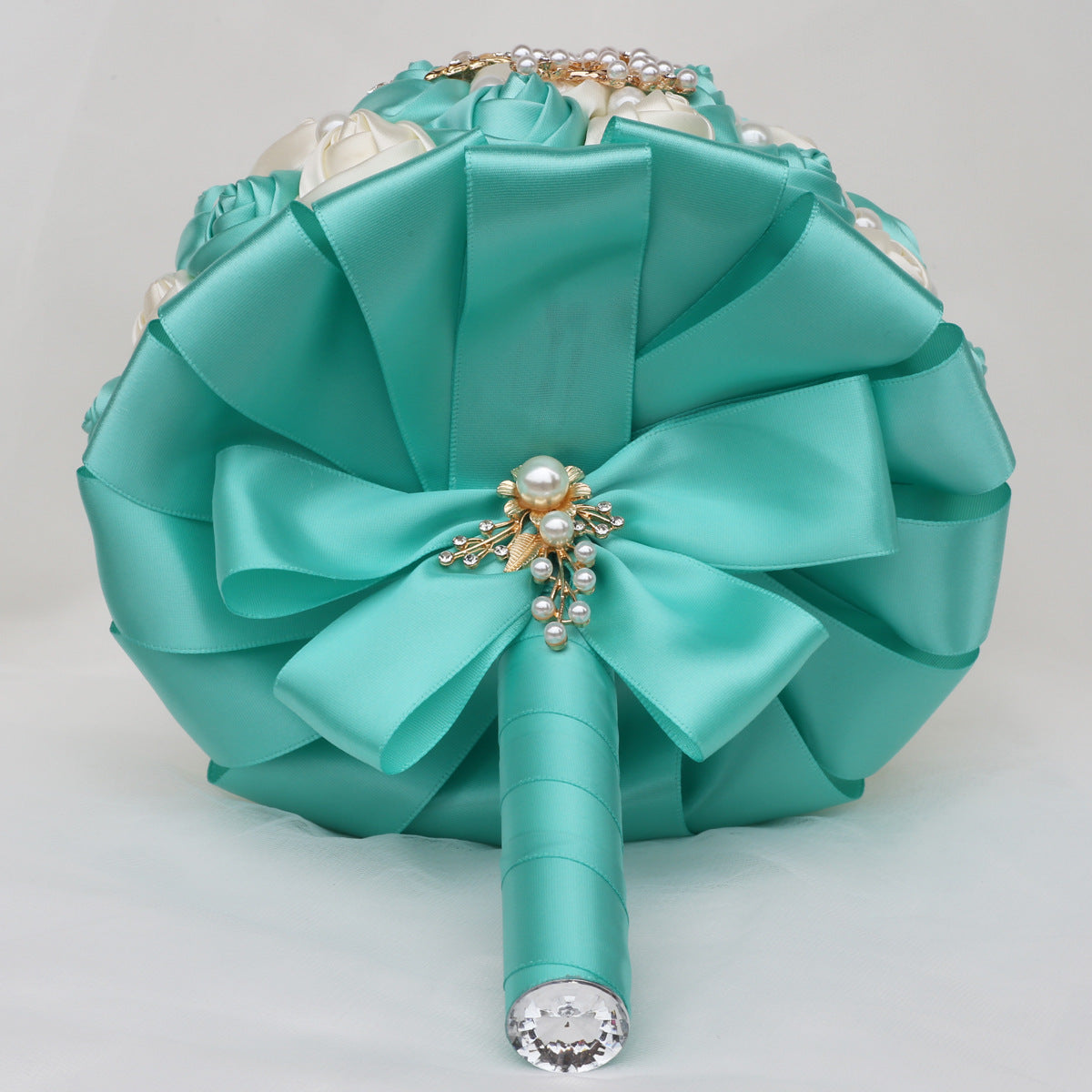 21cm Mint Green+Milk Handmade Holding Flowers Bridal Bouquet With Ribbon Rose Diamond Pearl Butterfly Diamond Alloy Diamond W2006