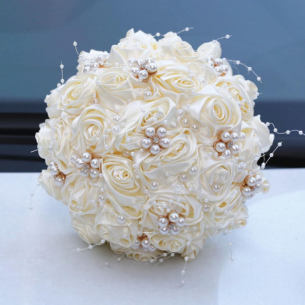 18cm Pearl Ribbon Rose Bouquet Rhinestone Bride Bouquet Wedding Gift Wedding Supplies Holding Flowers W2010