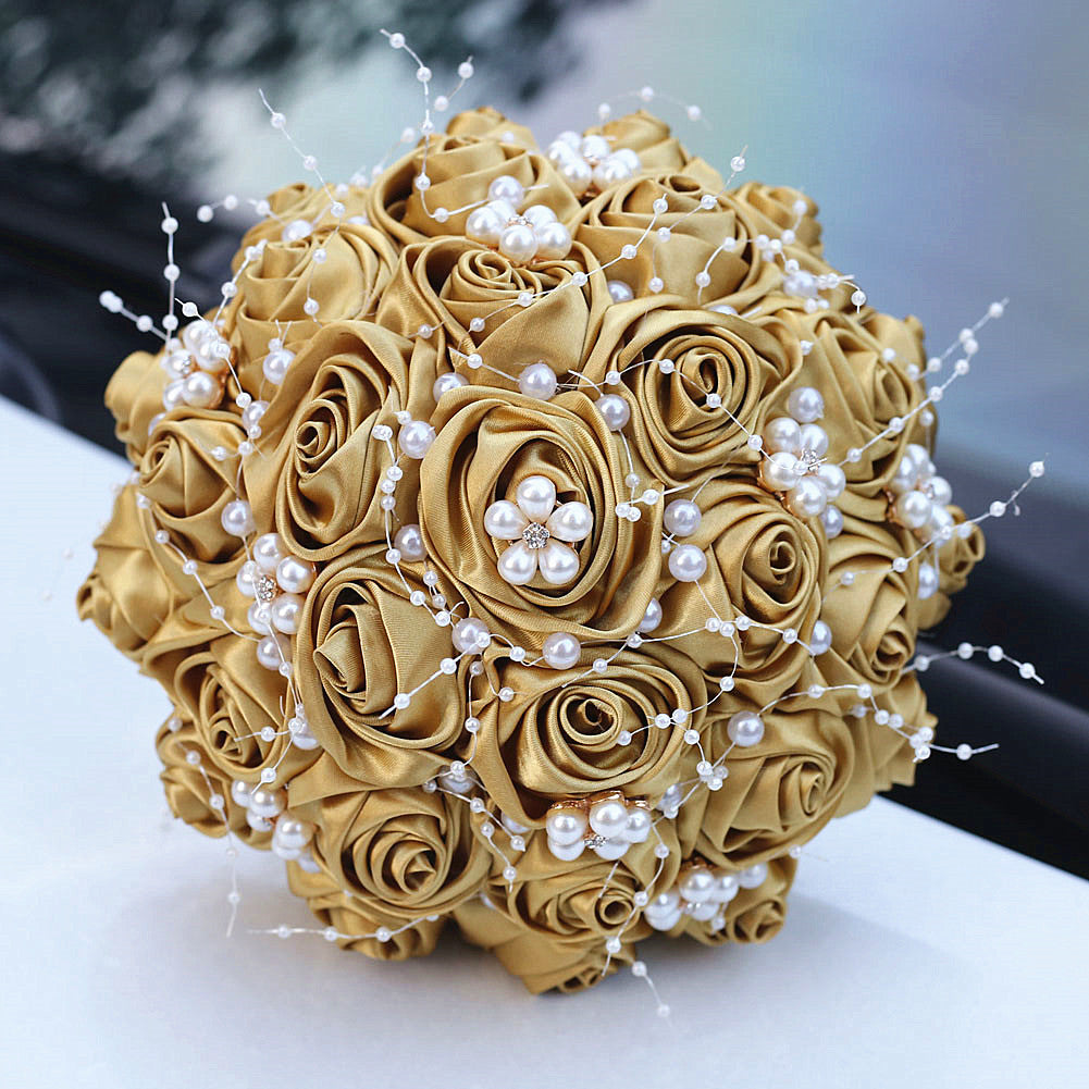 18cm Pearl Ribbon Rose Bouquet Rhinestone Bride Bouquet Wedding Gift Wedding Supplies Holding Flowers W2010