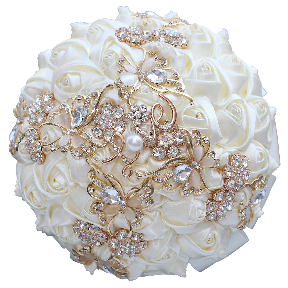 18cm Handmade Bridal Wedding Bouquet Satin Rose Artificial Flower Bride Bridesmaid Holding Toss Round Wedding Bouquets Sparkling Rhinestone Brooch Crystals Pearl W2028