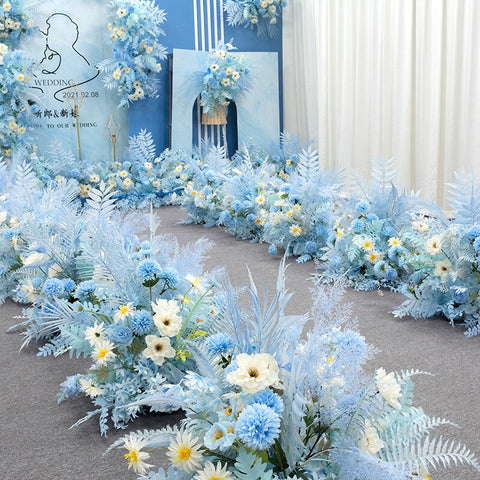 Blue Series Wedding Floral Arrangement Artificial Flower Row Table Flower Road Lead T Stage Backdrop Corner Flower Ball Custom #1043