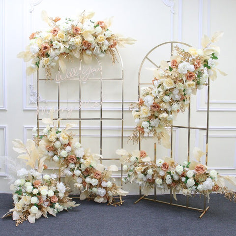 Champagne White Rose Gold Leaves Artificial Flower Row Wedding Backdrop Arch Decor Hang Floral Road Lead Flower Ball Party Props #1048