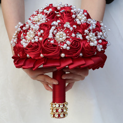 22cm Holding Flowers Pearl Bride Wedding Bouquet with Ribbon Rose Roll Simulation W2013