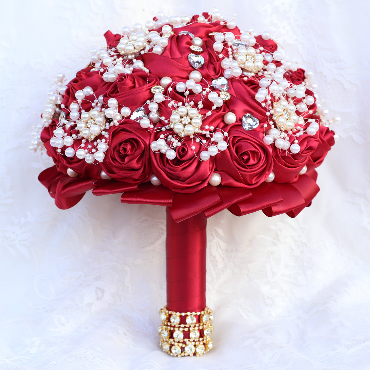 22cm Holding Flowers Pearl Bride Wedding Bouquet with Ribbon Rose Roll Simulation W2013