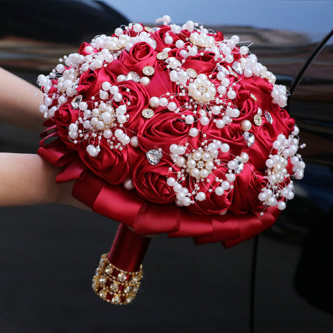 22cm Holding Flowers Pearl Bride Wedding Bouquet with Ribbon Rose Roll Simulation W2013