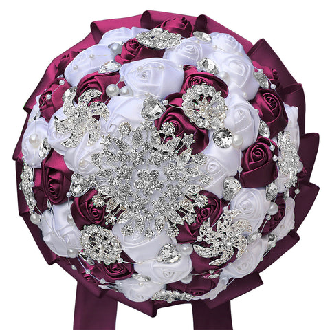 18cm Romantic Bride Wedding Bouquet White & Ivory Satin Roses with Pearls Rhinestone Decorative Brooches Accessorie W2026