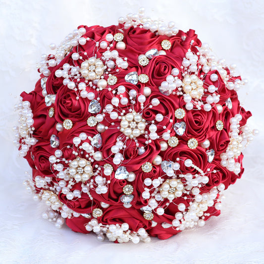 22cm Holding Flowers Pearl Bride Wedding Bouquet with Ribbon Rose Roll Simulation W2013