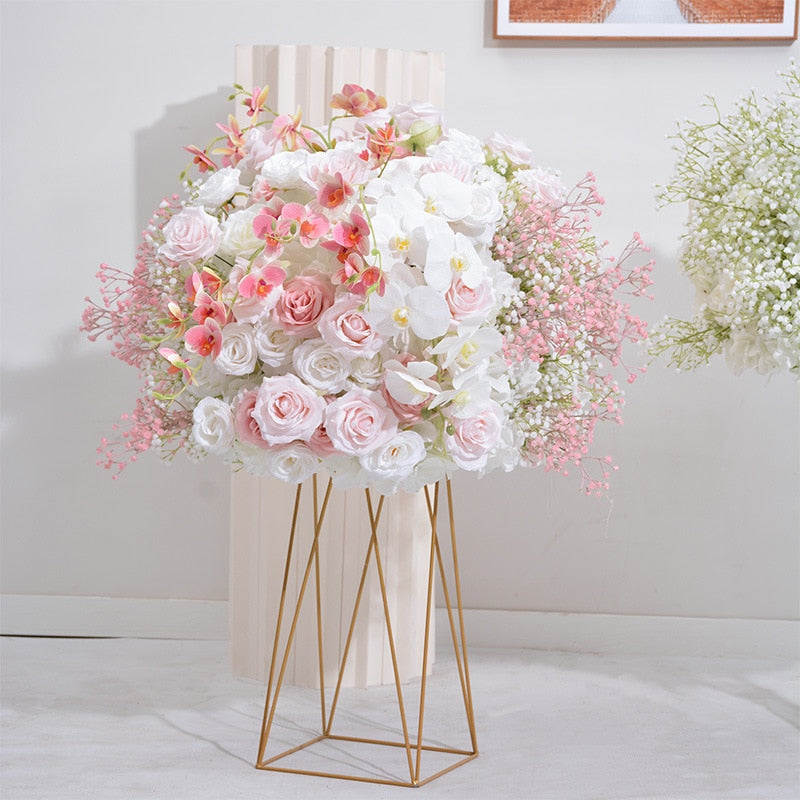 ピンクホワイトローズ Babysbreath 蘭結婚式の背景の装飾フラワーアレンジメントイベントテーブルセンターピースフラワーボールパーティー小道具