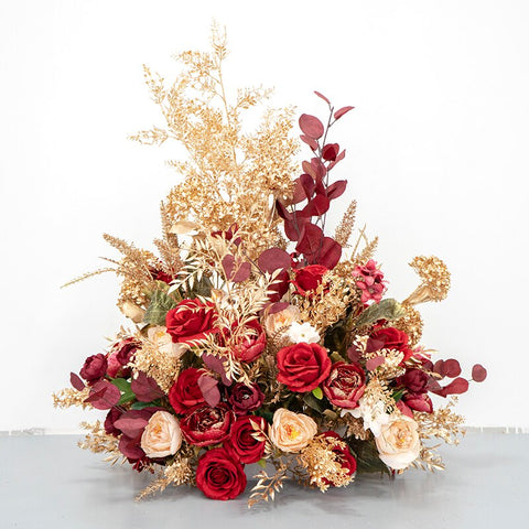 Red Gold Artificial Flower Row Arrangement Decor Wedding Arch Props Marriage Table Centerpiece Floral Ball Party Backdrop Layout #1104